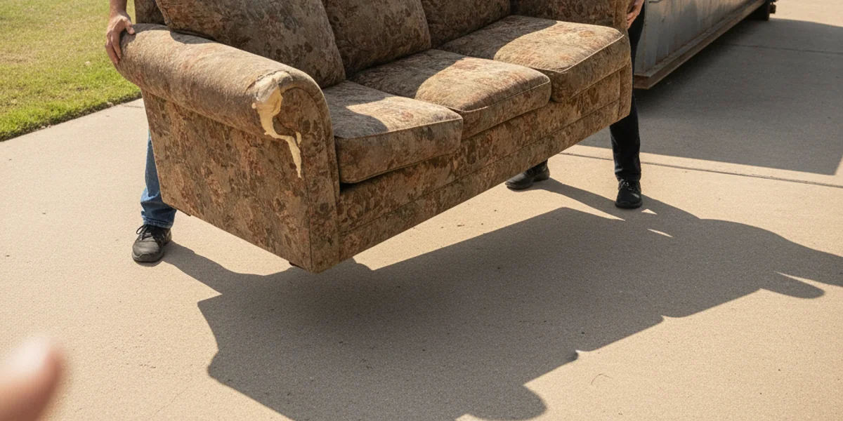 Furniture removal crew hauling an old couch to a dumpster in San Marcos